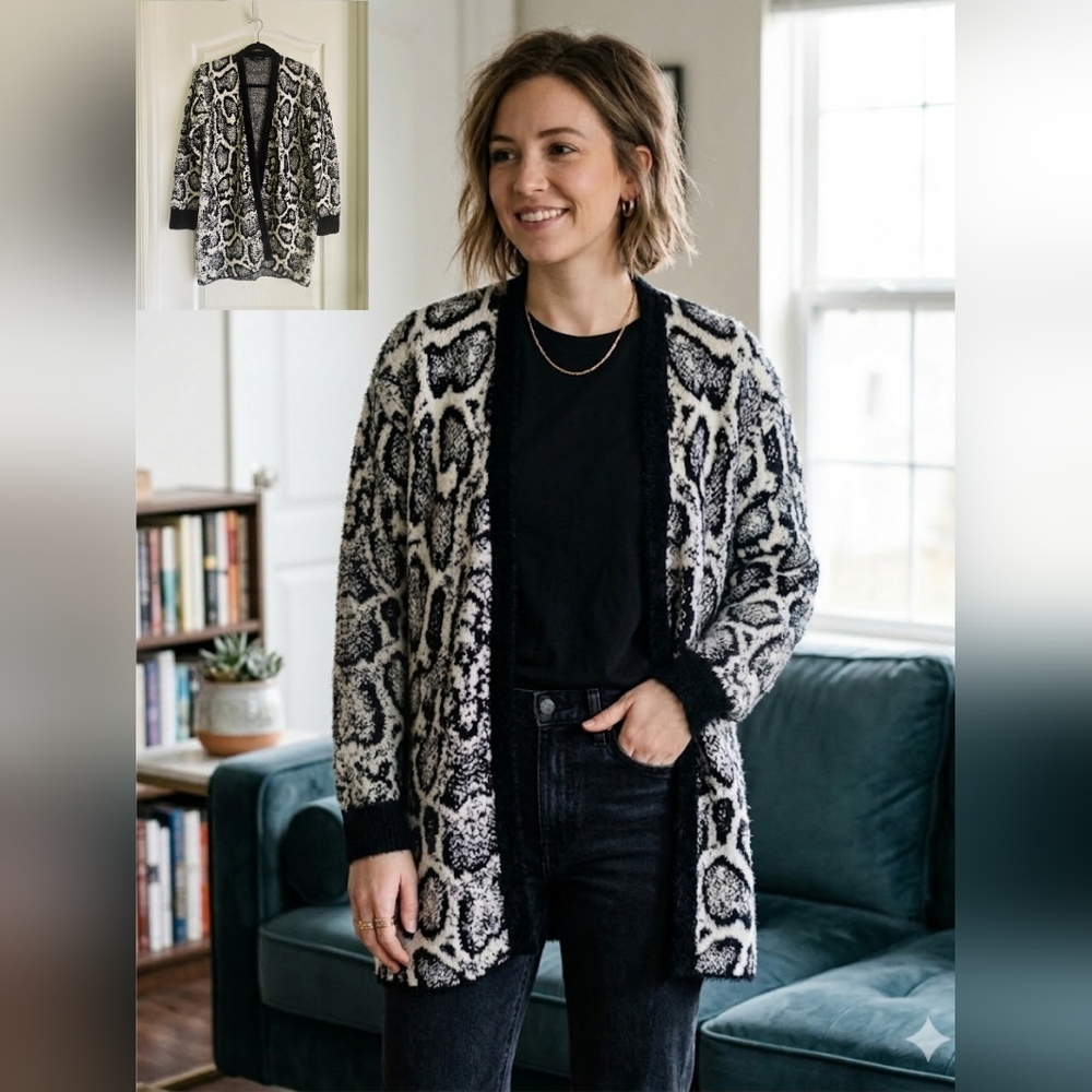 EUC 1.STATE Long Open Front Black and White Animal Print Cardigan, Size S